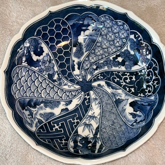 Japanese Hand Painted 10" Imari Arita Blue White Bowl Porcelain Traditional - Picture 2 of 9